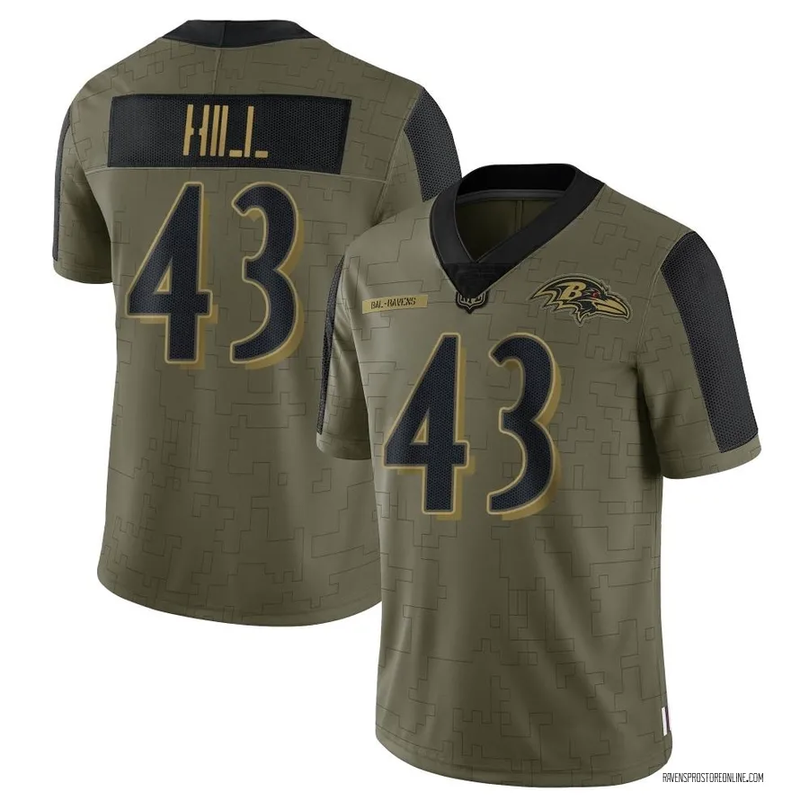 Justice Hill Baltimore Ravens Youth Limited 2021 Salute To Service Nike Jersey - Olive